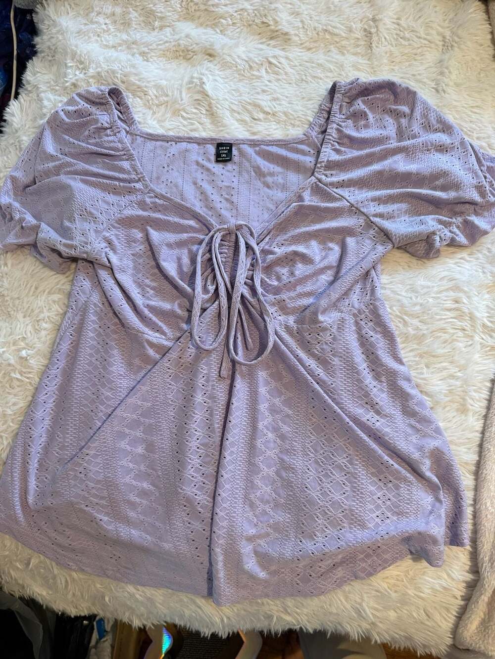 SHEIN Curve Blouse Size 1XL Purple Short Puff Sleeve Tie Front Eyelet